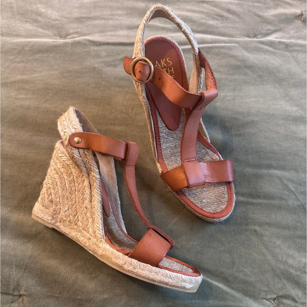 NEW Saks Fifth Avenue Brown Leather T Strap Jute Wedges Peep Toe